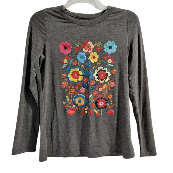 Flamingals Women's Long Sleeve Dark Gray Floral Print T Shirt Top Size L - Picture 2 of 9